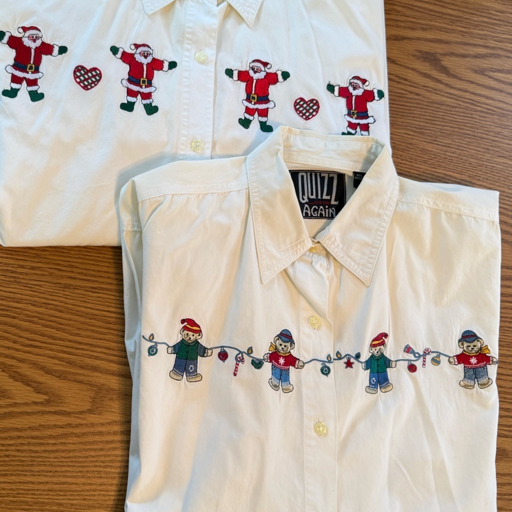 2 pc - Festive White Button Up Shirts with Santa & Teddy Bear Embroidery